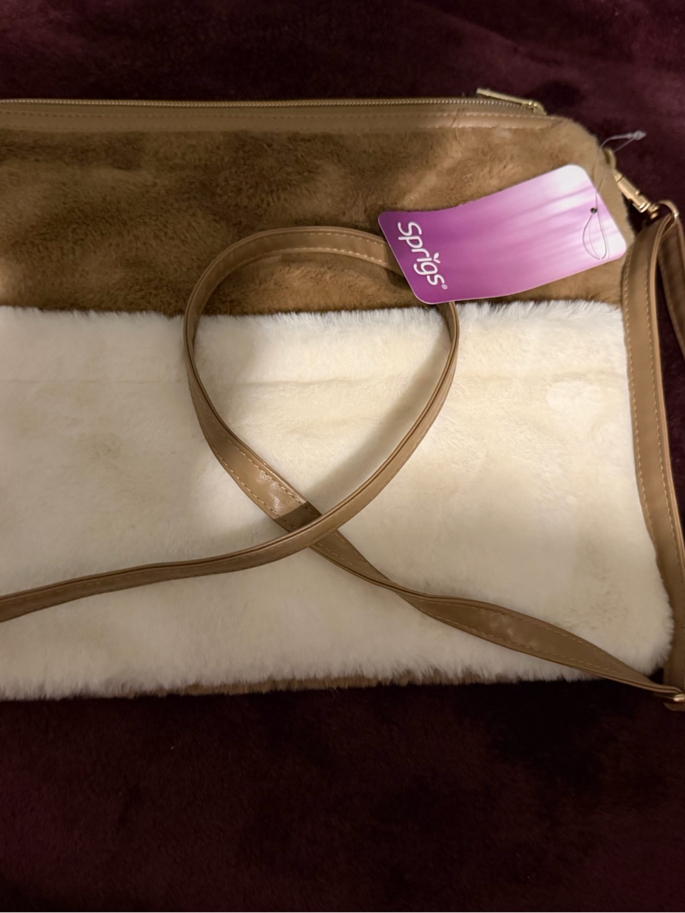 Sprigs NWT Faux Fur Two-Tone Crossbody Bag in White and Brown